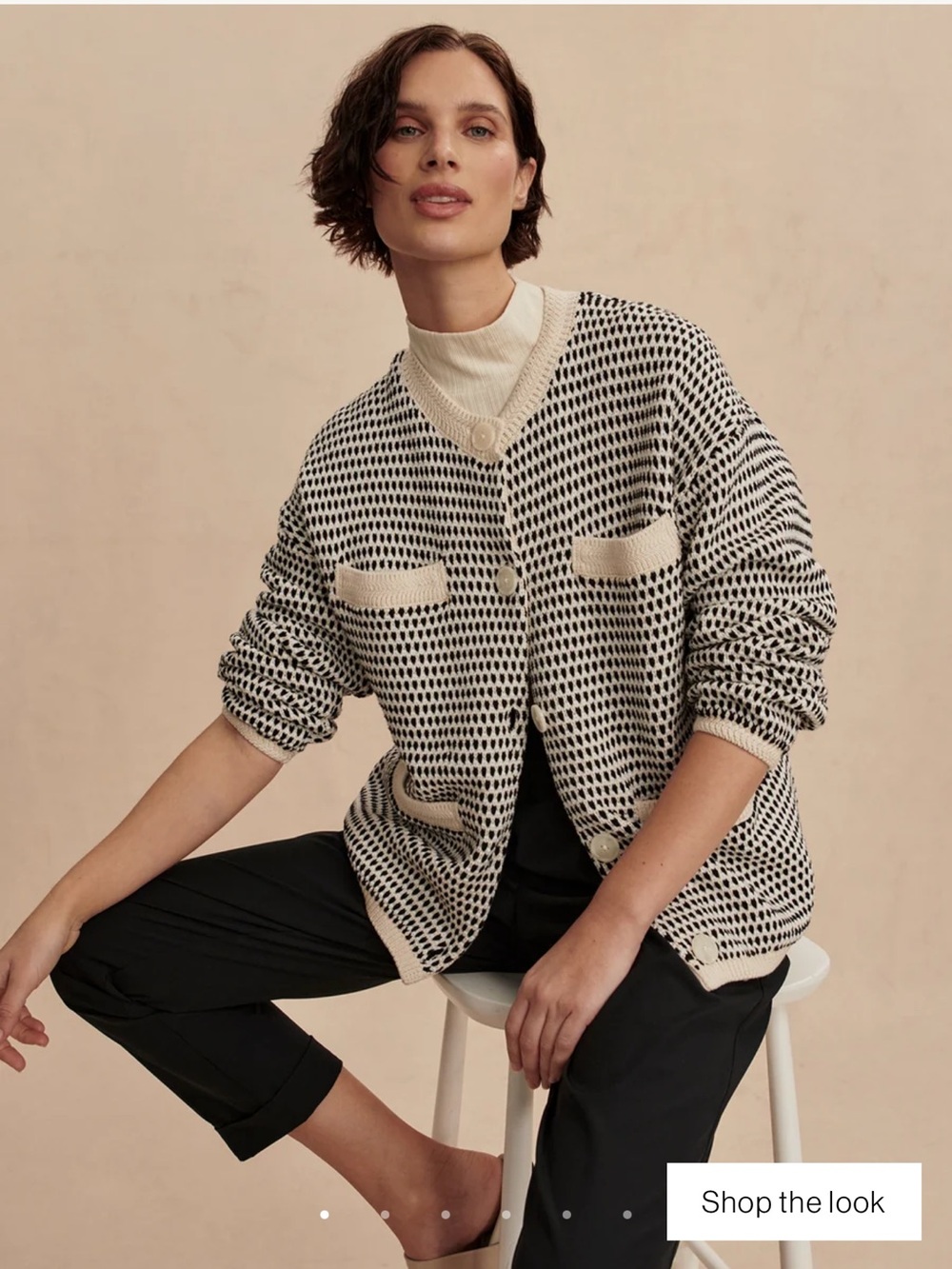 Varley Tidewell Black and Cream Cotton Knit Button-Front Cardigan Jacket